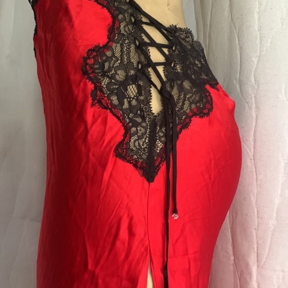 Victoria’s Secret Red Silk Black Lace Trim Halter Lingerie/Slip Dress M - Picture 7 of 11